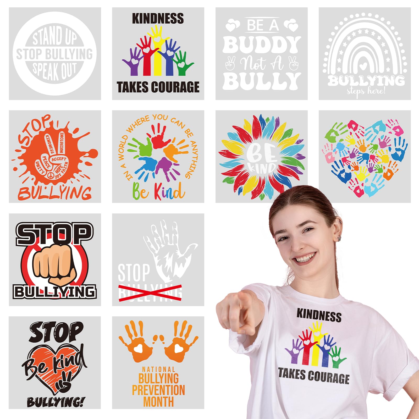 Dtf Transfers Ready to Press - 12 Pcs Stop Bullying Iron on Transfer Paper Anti Bullying Awareness Unity Day Transfer Paper for T-Shirt Heat Press Designs for DIY Clothes Hats Fabrics