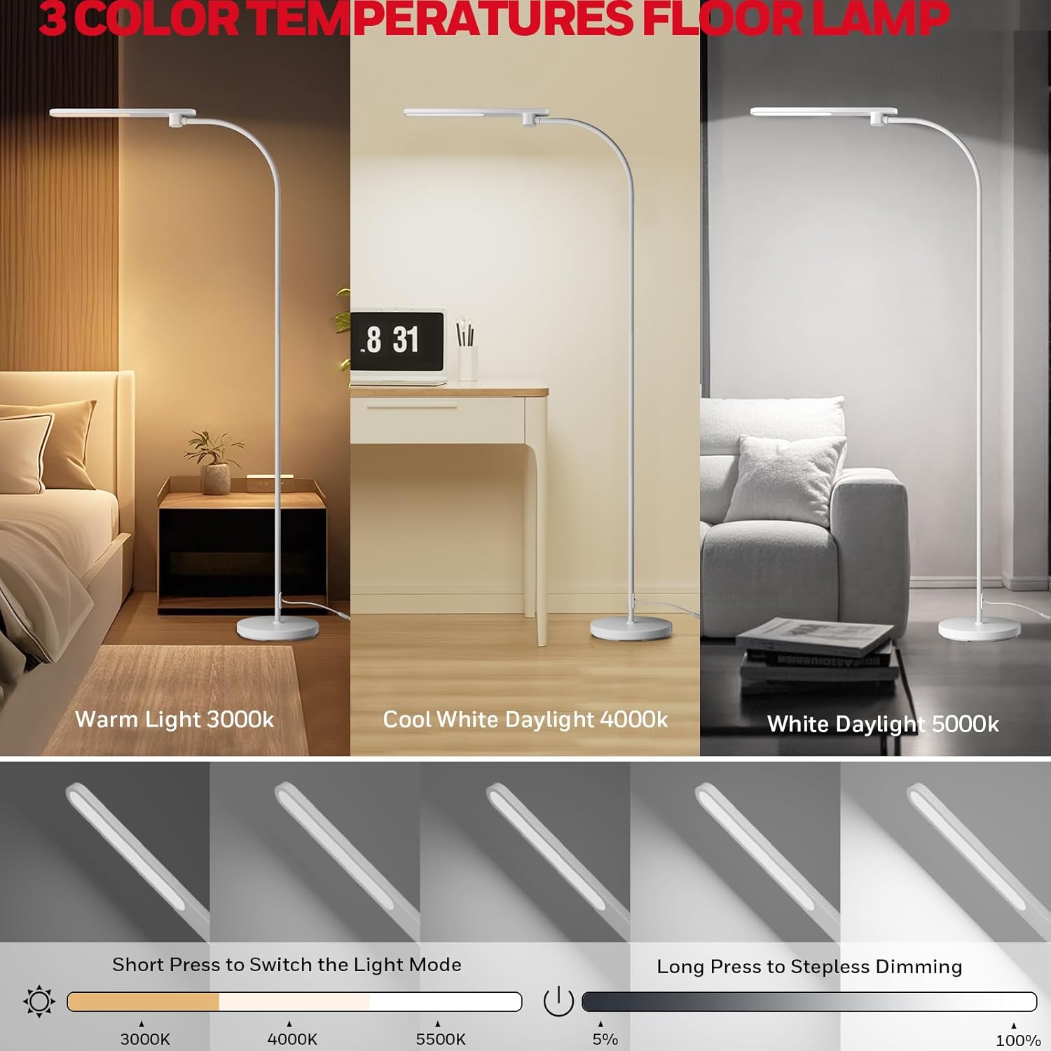 Honeywell LED Floor Lamp with Remote, CRI97 Full Spectrum Eye-Caring Reading Lamp, Stepless Dimmable 3000K-5000K Task Floor Lamp with Flexible Gooseneck for Living Room, Bedroom, Office