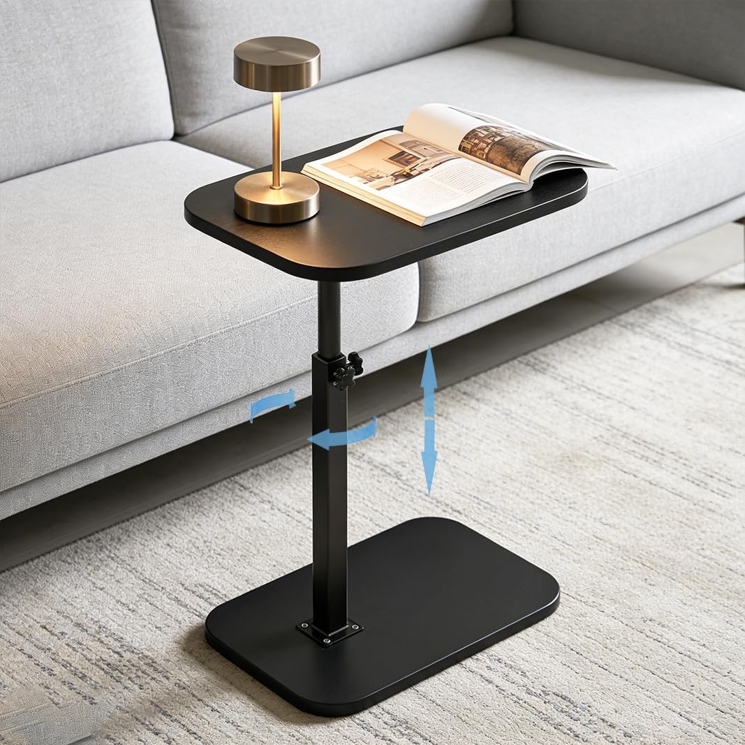 Pedestal Adjustable c Table for Small Spaces，C Shaped End Table Desktop can Turn 360° and the Height of the Sofa Small TV Tray Table Can be Adjusted for Couch