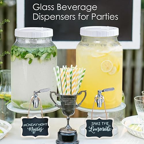 Miniatura 2 de Paquete de 2 dispensadores de bebidas de vidrio de 1 galón para fiestas. Dispensador de bebidas de vidrio con tapa de rosca (anillo de silicona 100%