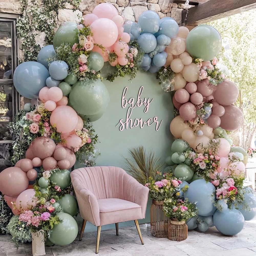 Pink Blue Green Balloon Arch Double Stuffed Dusty Green Pastel Blue Blush Mauve Latex Balloon Garland Kit for Boho Baby Shower Gender Reveal Floral Birthday Tea Party Decoration