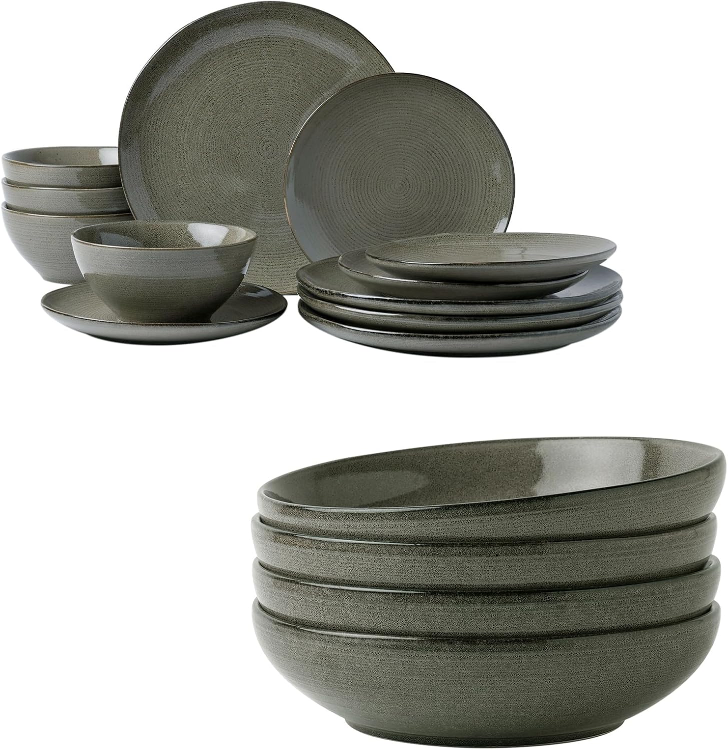 famiware Tempus Plates and Bowls Set for 4, 16 Pieces Dinnerware Sets, 40 oz Pasta Bowls for Serving - Dark Olive