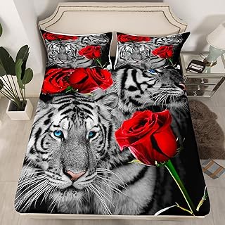 White Tiger Fitted Sheet Queen Size, Flowers and Tiger Print Sheet Set for Teens Children Room Gift, Wildlife African Animal and Floral Theme Bedding Set with 2 Pillowcases, Natural Retro Style