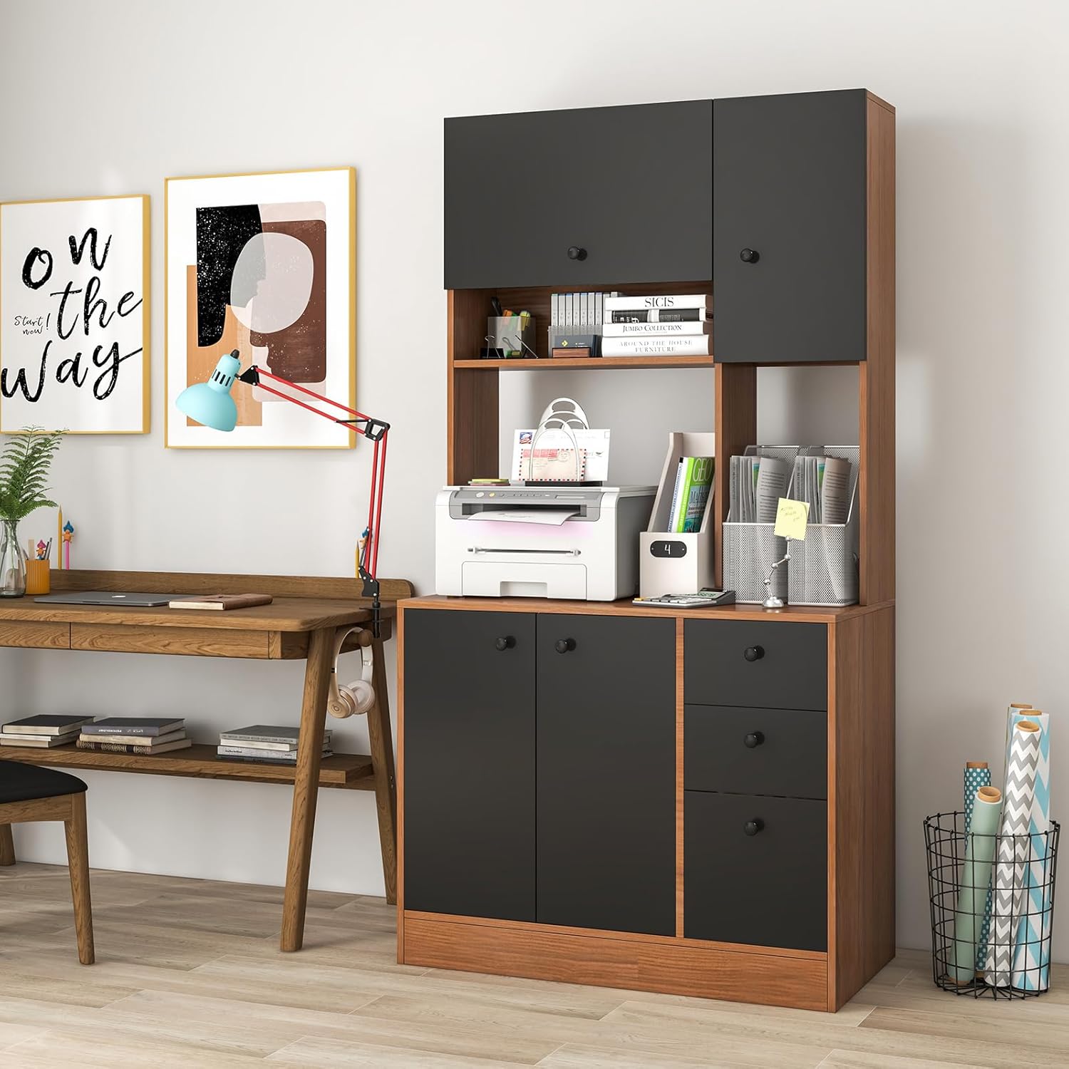 LOKO 71” Tall Kitchen Pantry Storage Cabinet, Freestanding Buffet Hutch with Doors, Adjustable Shelves, 3 Drawers and Microwave Stand, Kitchen Hutch for Dining Room, Living Room (Walnut & Black)