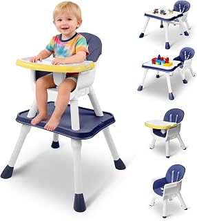 CuFun 5-in-1 Convertible Baby High Chair & Toddler Booster Seat - Removable Tray, Learning Table, Building Block Play, Safety Harness, Blue