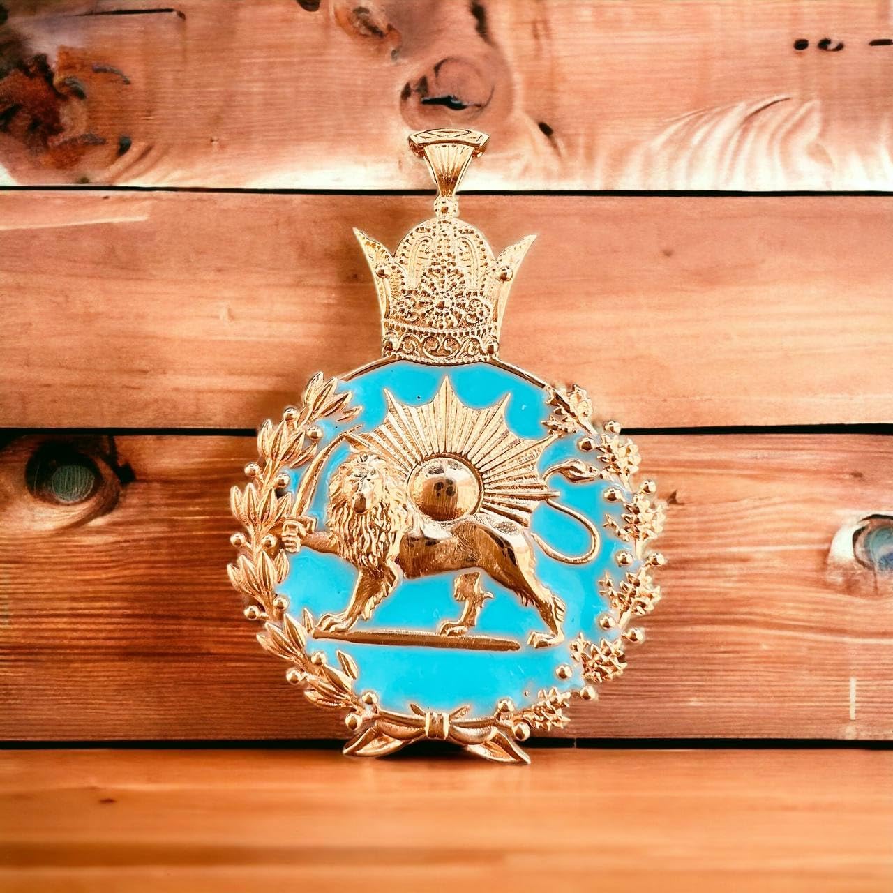 22K Gold plaited Blue Inlay Imperial Lion & Sun Coat of Arm Persia Persian Farvahar Pahlavi Shah 925K Silver Pendant Necklace,Mythology Mens Gift Iran