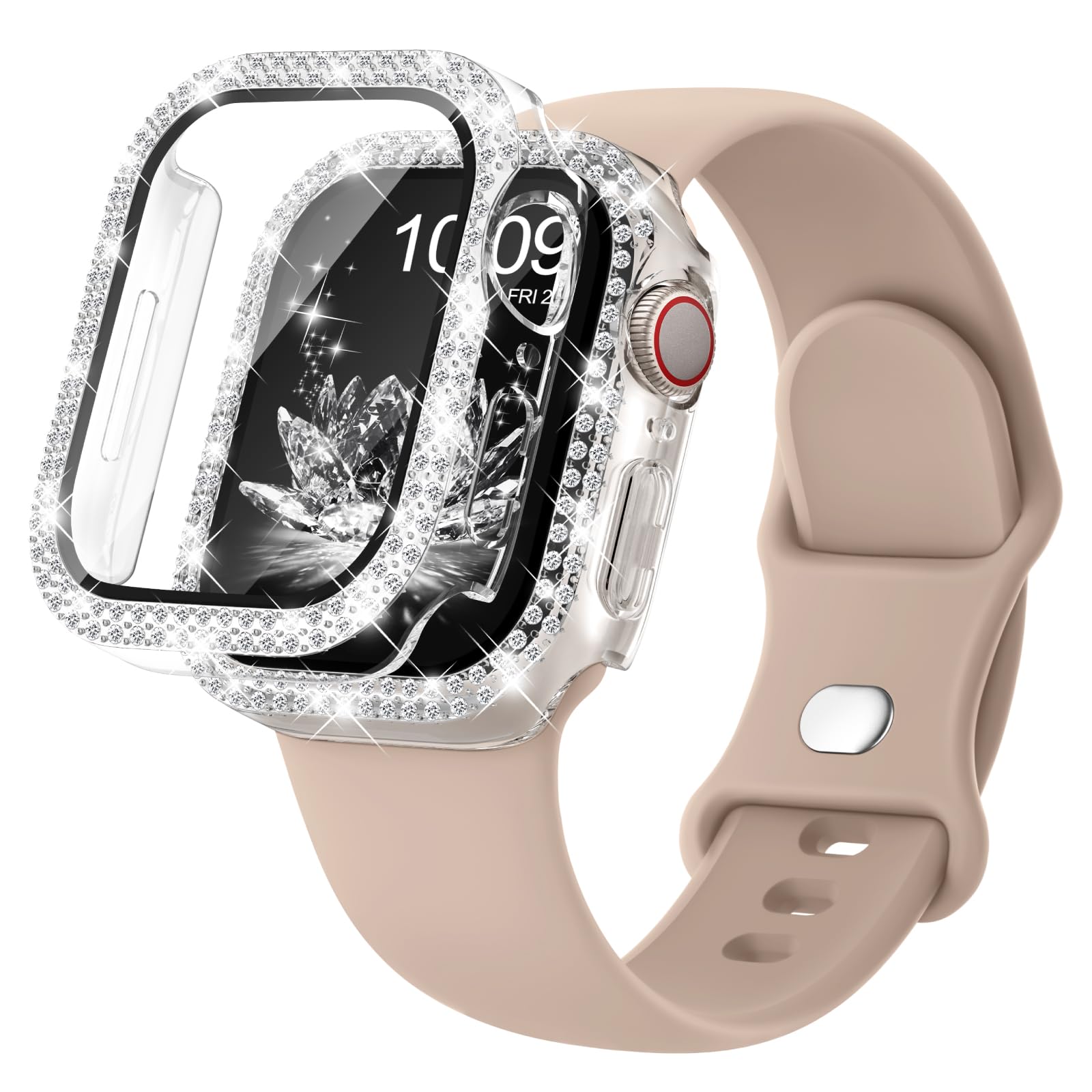 Compatible for Apple Watch Bands 40mm 41mm 44mm 45mm 42mm 46mm with Screen Protector Case Women, Silicone Strap Bling Diamond Protective Cover