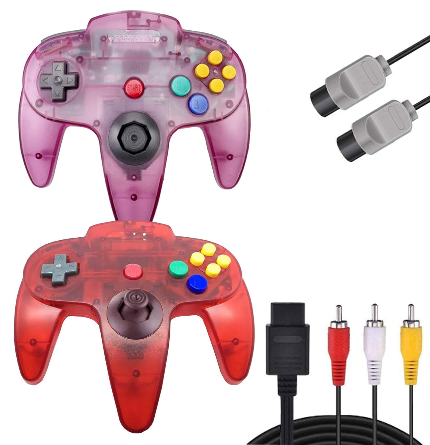 PGYFDAL 2 Pack Classic Controllers for N64 Gaming, Wired N64 Gamepad Joystick with 1 Root 5.9FT N64 AV Controller Extension Cable (Transparent Purple and Transparent Red)