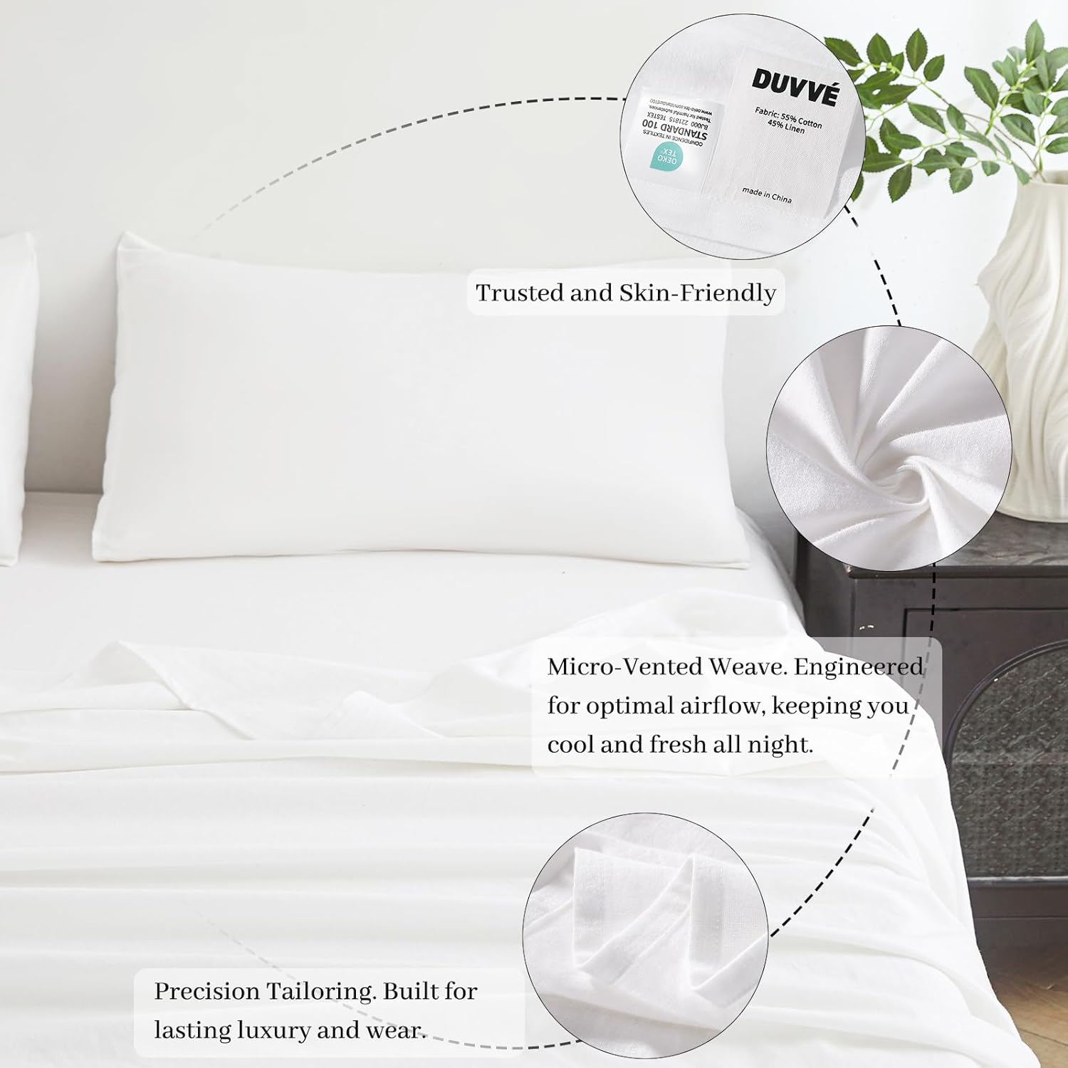 Luxury Cotton Linen Blend Flat Sheet, Cooling Breathable Natural Texture, Softening Durable Lightweight (White, Queen)
