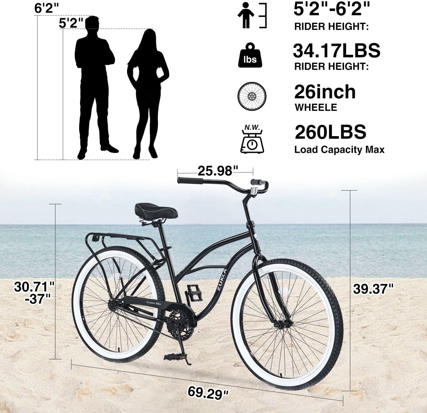 26-Inch Beach Cruiser Bike, Single Speed Steel Frame, Men's Comfort Bicycle with Coaster Brake