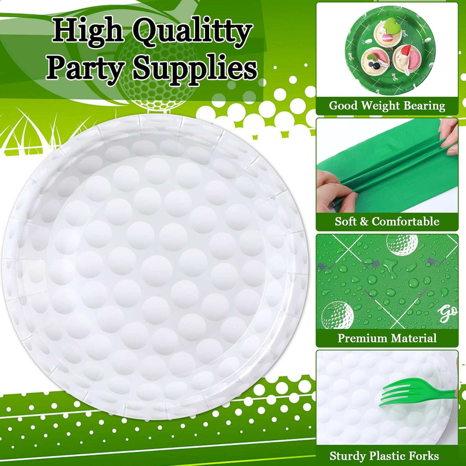 Qyeahkj 100 Pcs Golf Party Supplies Golf Ball Disposable Plates and Napkins Set Green White Sports Themed Paper Plates Dinnerware Kit for Sports Birthday Baby Shower Party Decorations Favors Serve 25