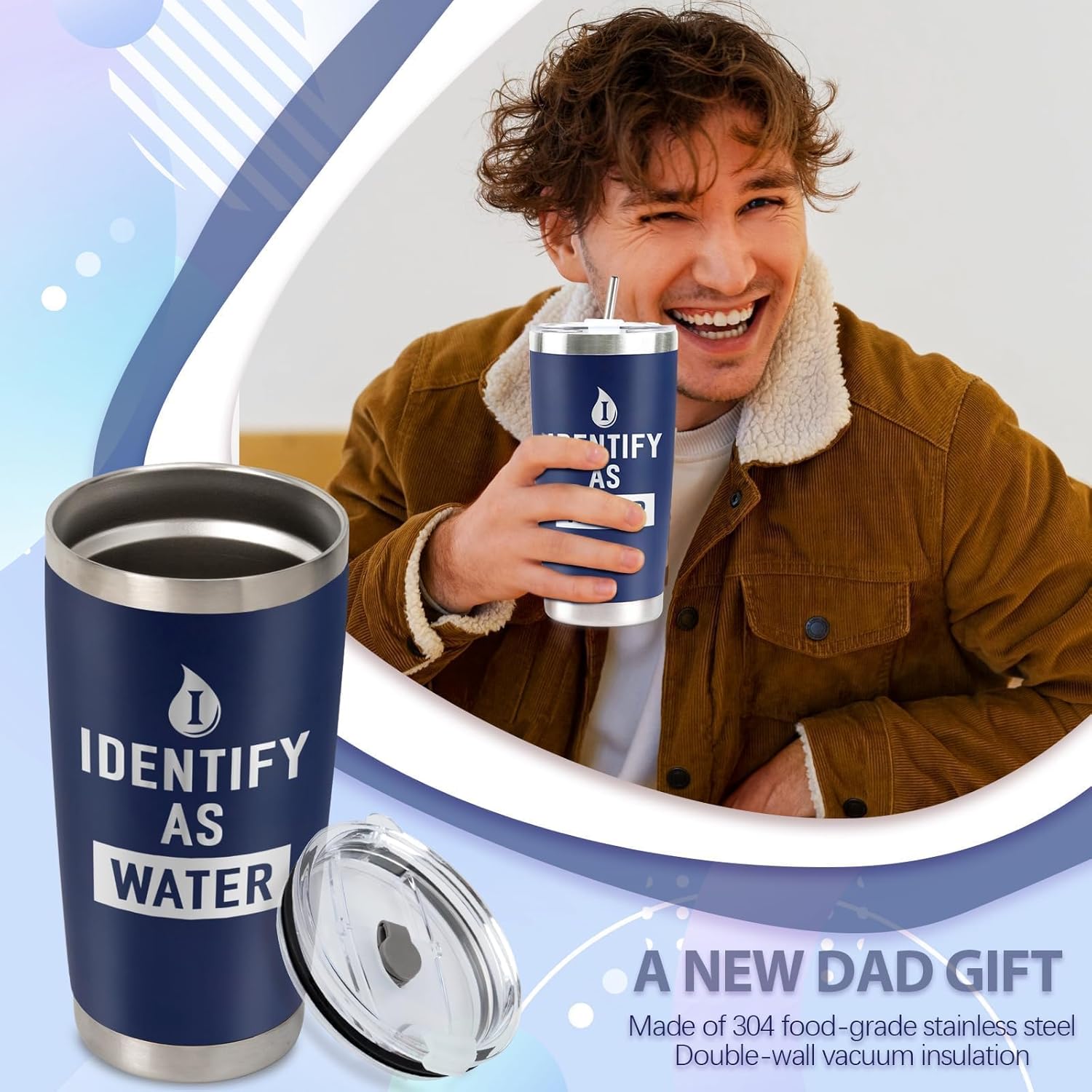 Father's Day Gifts for Men, CUPLOOV 20 Oz Navy Blue Tumbler with Lids & Straw I Identify as Water Coffee Mug Funny Birthday Gifts for Dads, Grandpas, Husband Retirement Father's Day Presents Xmas Gift - Image 2