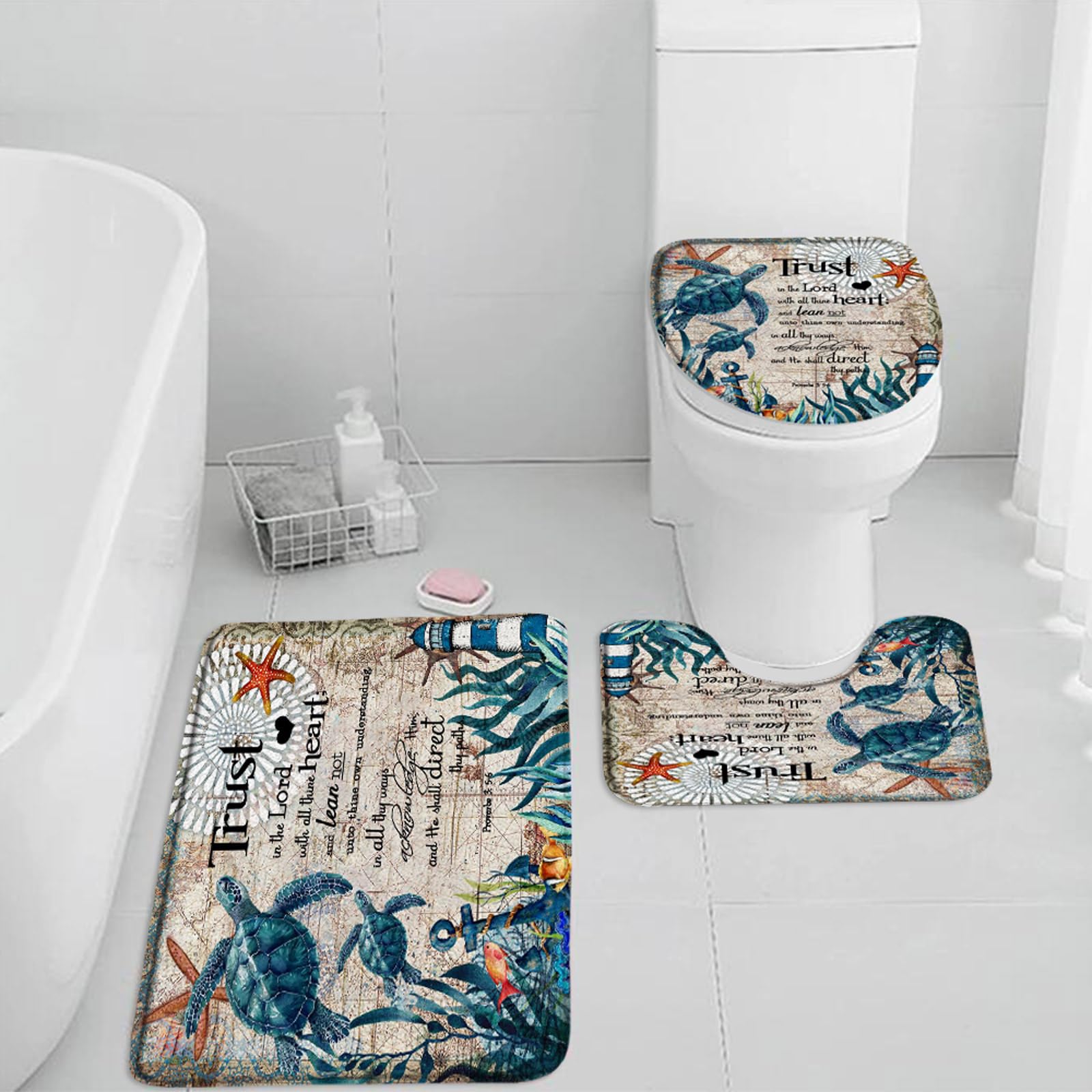 3 Pieces Set Green Sea Turtles Bathroom Rugs Inspirational Quote Vintage Nautical Map Beach Theme Motivational Words Funny Toilet Lid Cover Pedestal Rug U-Shaped Non-Slip Carpet