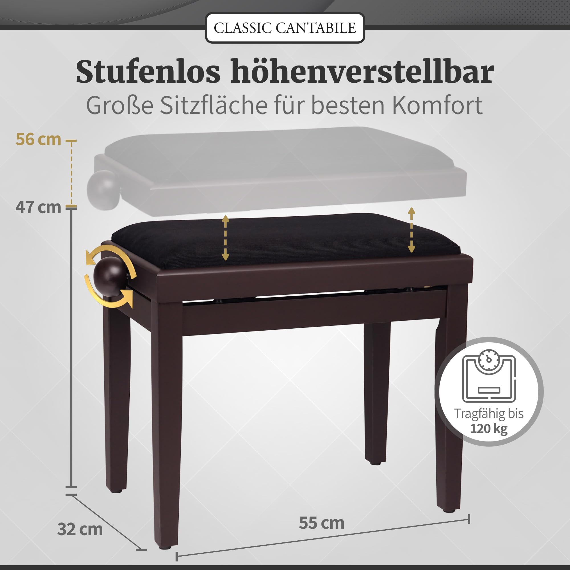 Classic Cantabile Pianobank Rosenholz-matt (höhenverstellbar von 47-56cm, Spindelmechanik, Sitzfläche 55 x 32cm, schwarzer Velourbezug, stabil)
