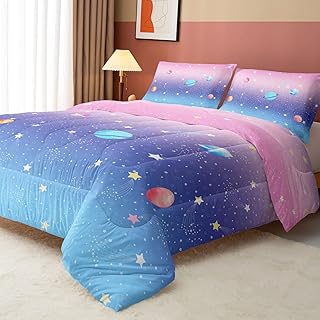 Datura home Kids Comforter Set Girls Pink Blue Space Printed Pattern Quilt Bedding Set with 1 Comforter and 2 Pillowcases for Girls Bedroom All Season(Pink Blue Space Twin)
