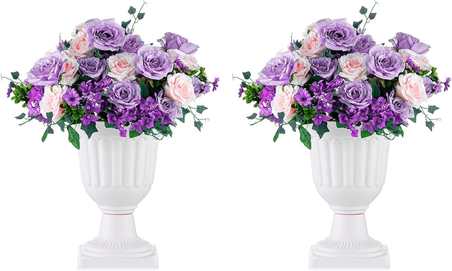 2 Pcs Classic Urn Planter,35.5cm Height Plastic Indoor or Outdoor Decorative Urn, Tall Pedestal Plastic Planter, Vintage Style Flower Pot, Home Garden Front Porch Door Deck Balcony Decoration, White