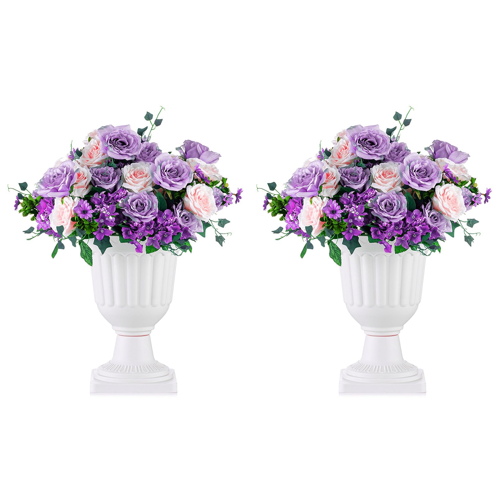 Nuptio White 2 Pcs Classic Urn Planter,35.5Cm Height Plastic Indoor Or Outdoor Decorative Urn, Tall Pedestal Plastic Planter, Vintage Style Flower Pot, Home Garden Front Porch Door Deck Balcony Decoration,