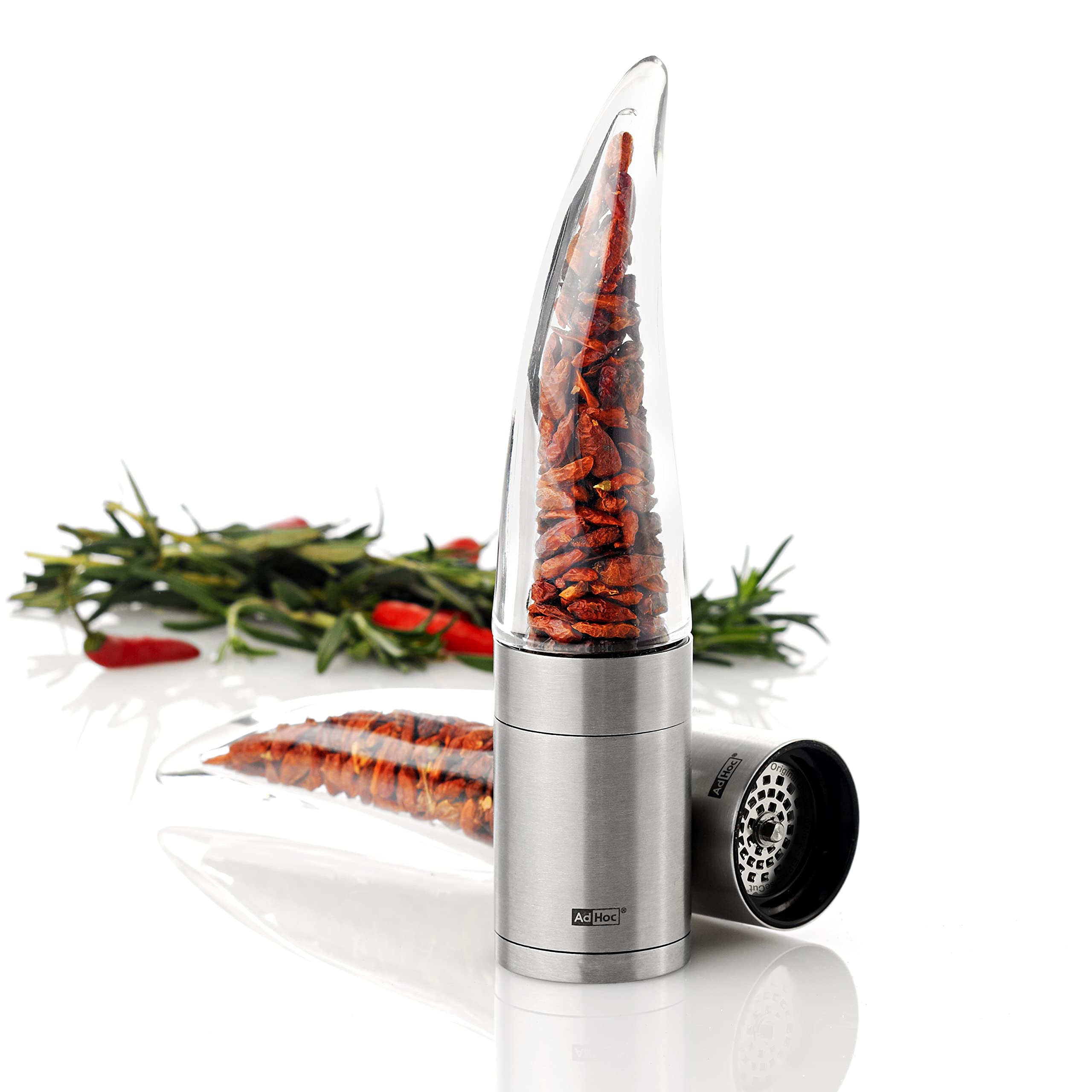 AdHoc Geschenkset Groß: Chilischneider Pepe & Doppelmühle Duomill Pure – Manuelle Chilimühle mit Edelstahl-SchneidWerk & stilvolle Salz- und Pfeffermühle im passenden Design für Genießer