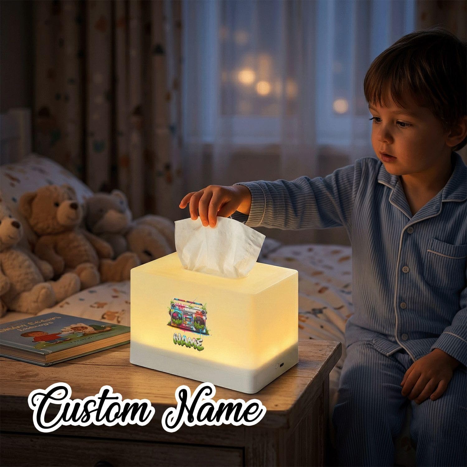Custom Name Tissue Box Cover with LED Night Light, Rechargeable Graffiti Boombox Design Lamp for Bedroom Decor, Personalized 80s Hip Hop Desk Accessory image 4