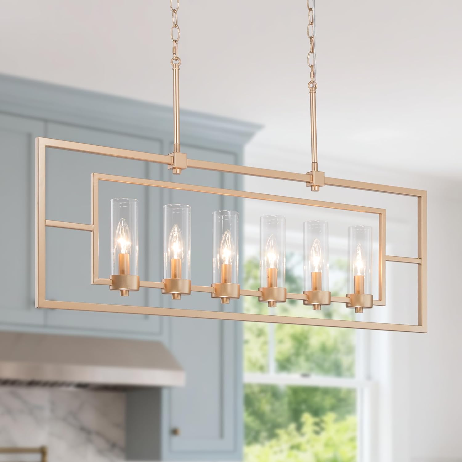KSANA 6-Light Rectangular Chandelier in Warm Gold Finish with Clear Glass Cylinder Shades, Modern Transitional Linear Island Lighting for Dining Room and Kitchen