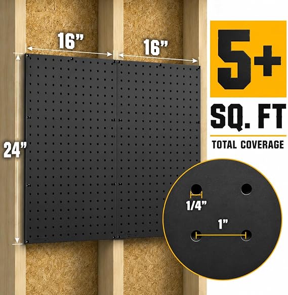 WallPeg Pegboard and Hook Kit 24x16 XL Wall Mounted Black Peg Board Panels with 36 Self-Locking Hooks, Tool & Garage Storage Organization System, Heavy Duty
