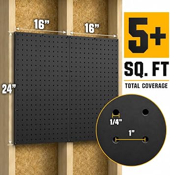 WallPeg Pegboard and Hook Kit 24x16 XL Wall Mounted Black Peg Board Panels with 36 Self-Locking Hooks, Tool & Garage Storage Organization System, Heavy Duty
