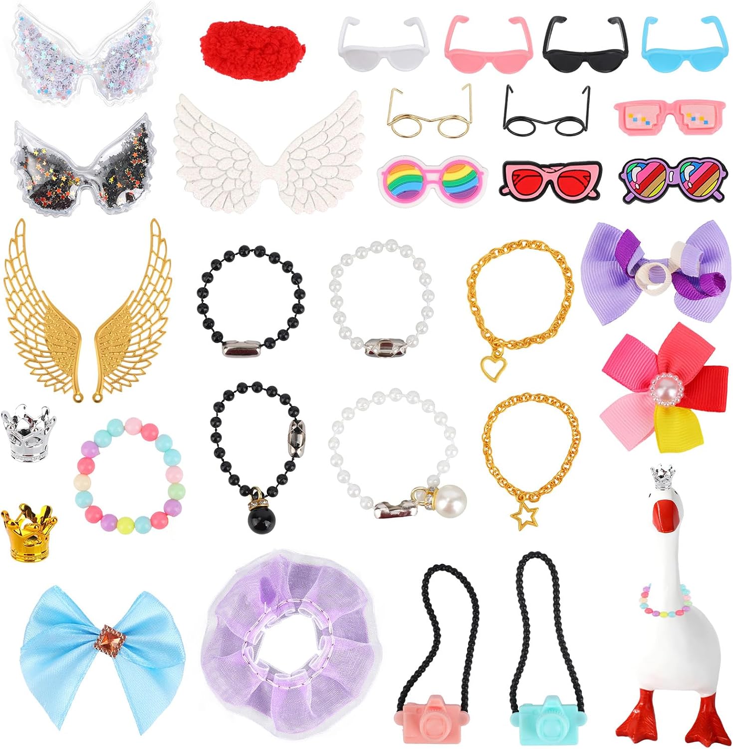 Lyreh 30pcs Desk Goose Accessories Kit for 17.78cm/7in Mini Small Table Geese, Includes Sunglasses Wings Headdress Camera & Pearl Necklaces Chains Outfits Clothes Costume for Porch Goose Statue Decor