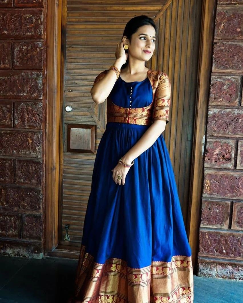 Traditional Anarkali Dress, Royal Blue with Gold Border, Long Sleeves Brocade Blouse Traditional Anarkali Dress, Royal Blue with Gold Border, Long Sleeves Brocade Blouse