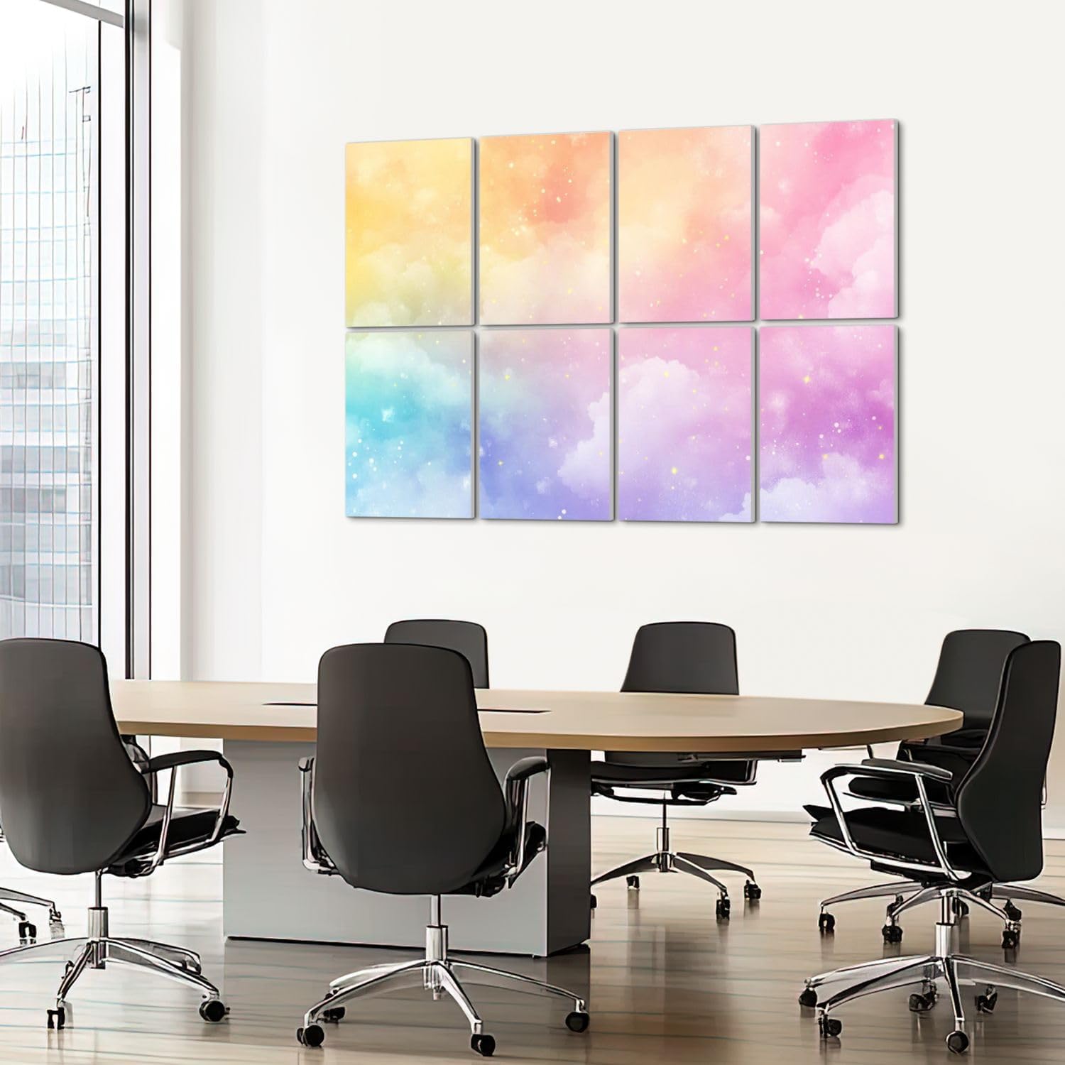 8 Pack Art Acoustic Panels Sound Absorbing Bright Pastel Rainbow Gradations Yellow Gold Pink Cyan Purple Clouds Decorative Soundproof Wall Panels Self Adhesive for Recording Studios Office 48"x32"