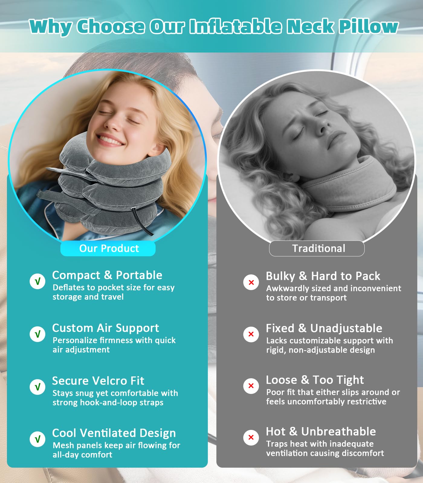 Coussin Cervical Gonflable - Extenseur de Cou réglable pour soulager la Douleur - Coussin de Nuque Ergonomique Portable avec Pompe à air - pour la Maison et Les Voyages - Gris
