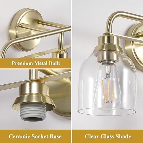 Miniatura 3 de 3 luces doradas claras para tocador de baño, lámparas de baño sobre espejo con pantalla de vidrio transparente, enchufes E26 de cerámica montados en
