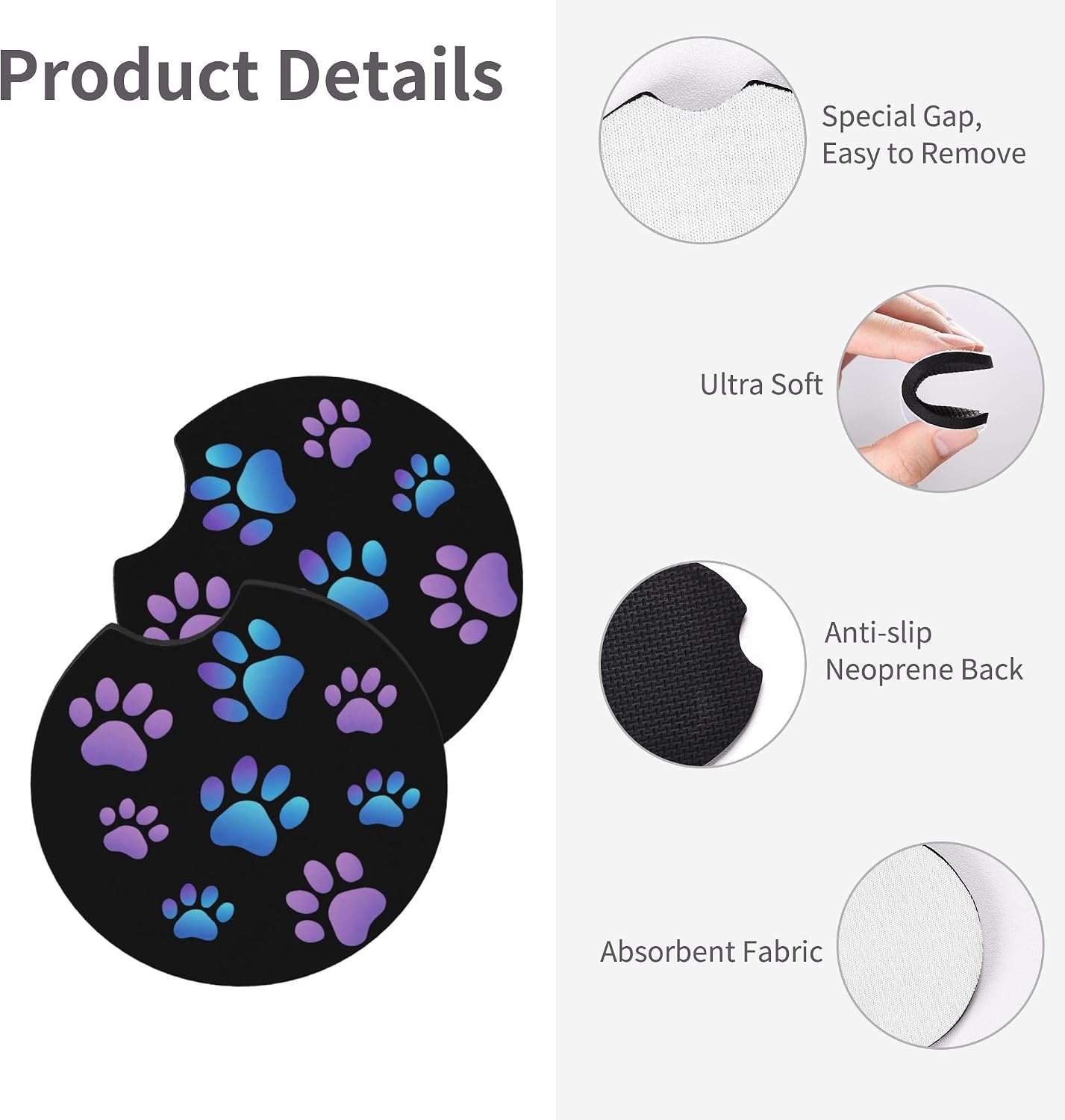 Purple Dog Paw Print Steering Wheel Cover + Dogs Prints 2 Pc Car Coasters | Anti-Slip Breathable Universal for 14 - 15 Inch Car for Men/Women