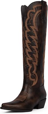 Cowboy Boots for Women Knee High Chunky Heel Butterfly Cowgirl Boots Wide Calf Pointed Toe Chunky Heel Fashion Western Boot