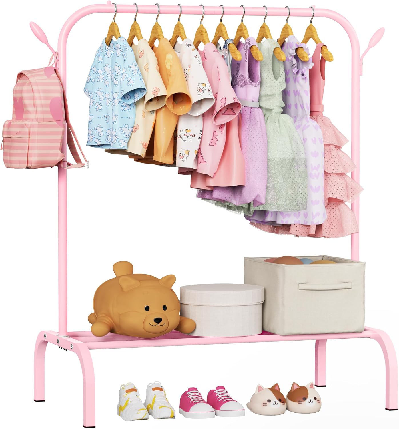 Upgraded Kids Clothing Rack - Dress Up Clothes Rack Baby Toddler Montessori Wardrobe- Small Portable Garment Racks with Storage Shelf and Hooks - for Costumes, Princess Dresses & Shoes, Pink
