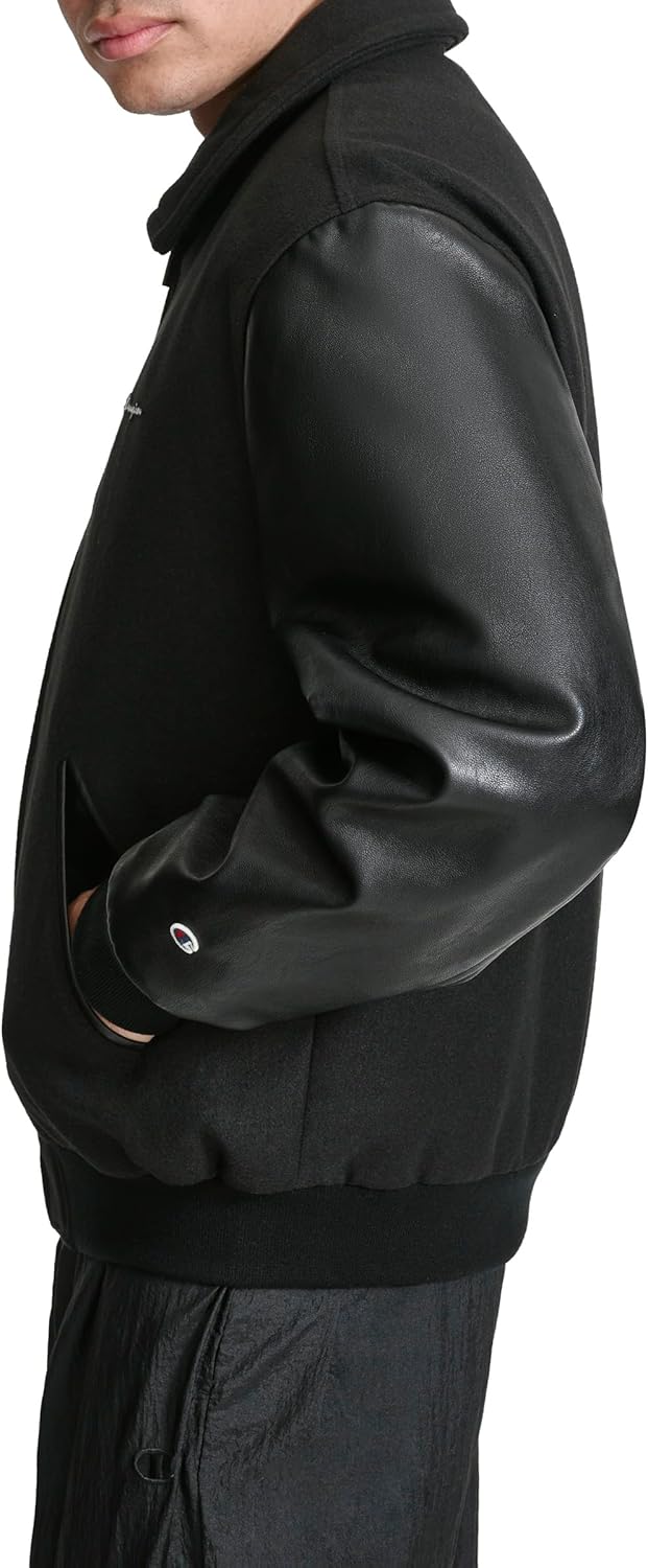 Champion mens Letterman Varsity Bomber Zipper Closure Jacket With Faux Leather Sleeves - Image 3