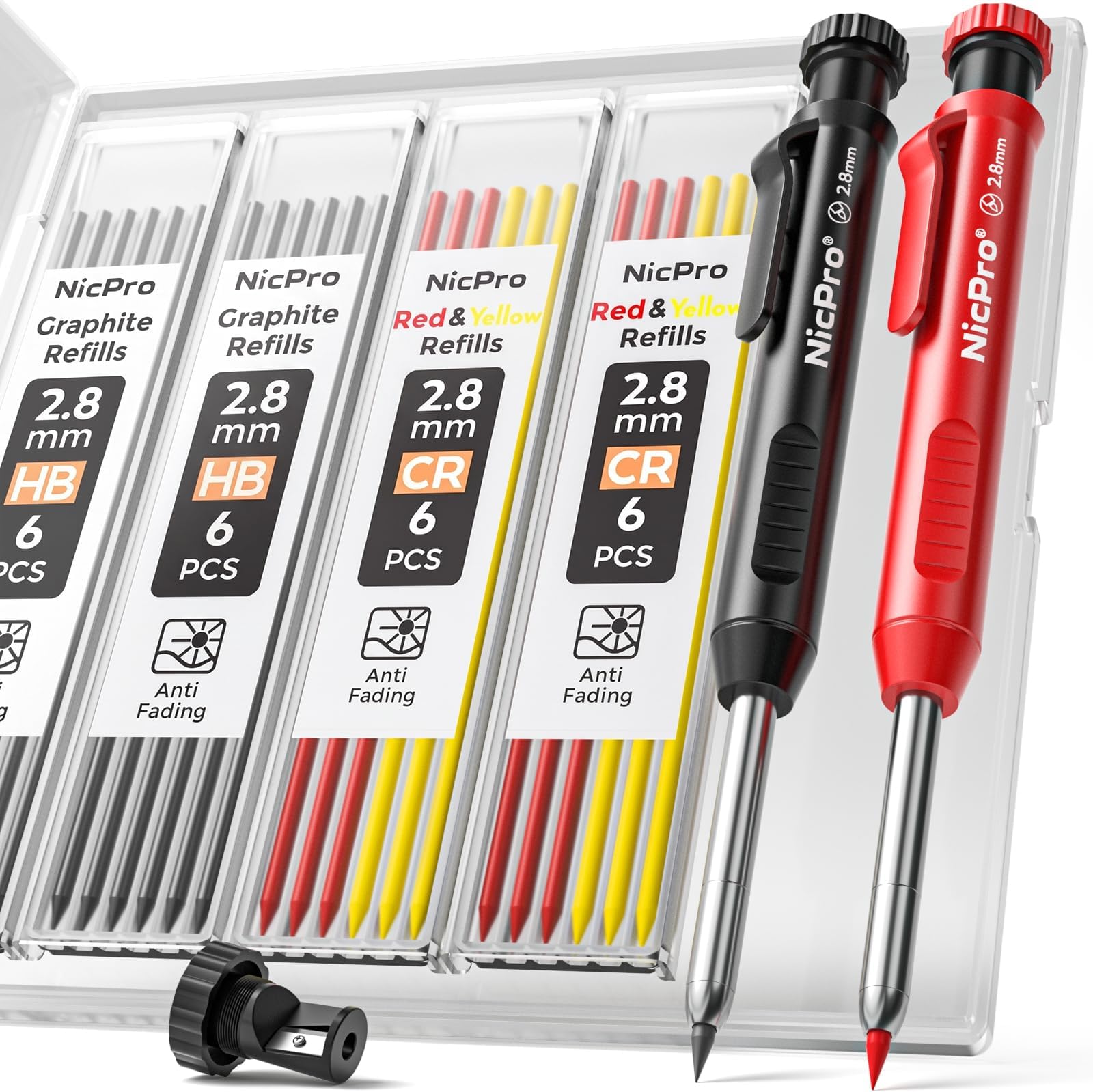Nicpro Mechanical Carpenter Pencils for Construction (Black, Red) With Case
