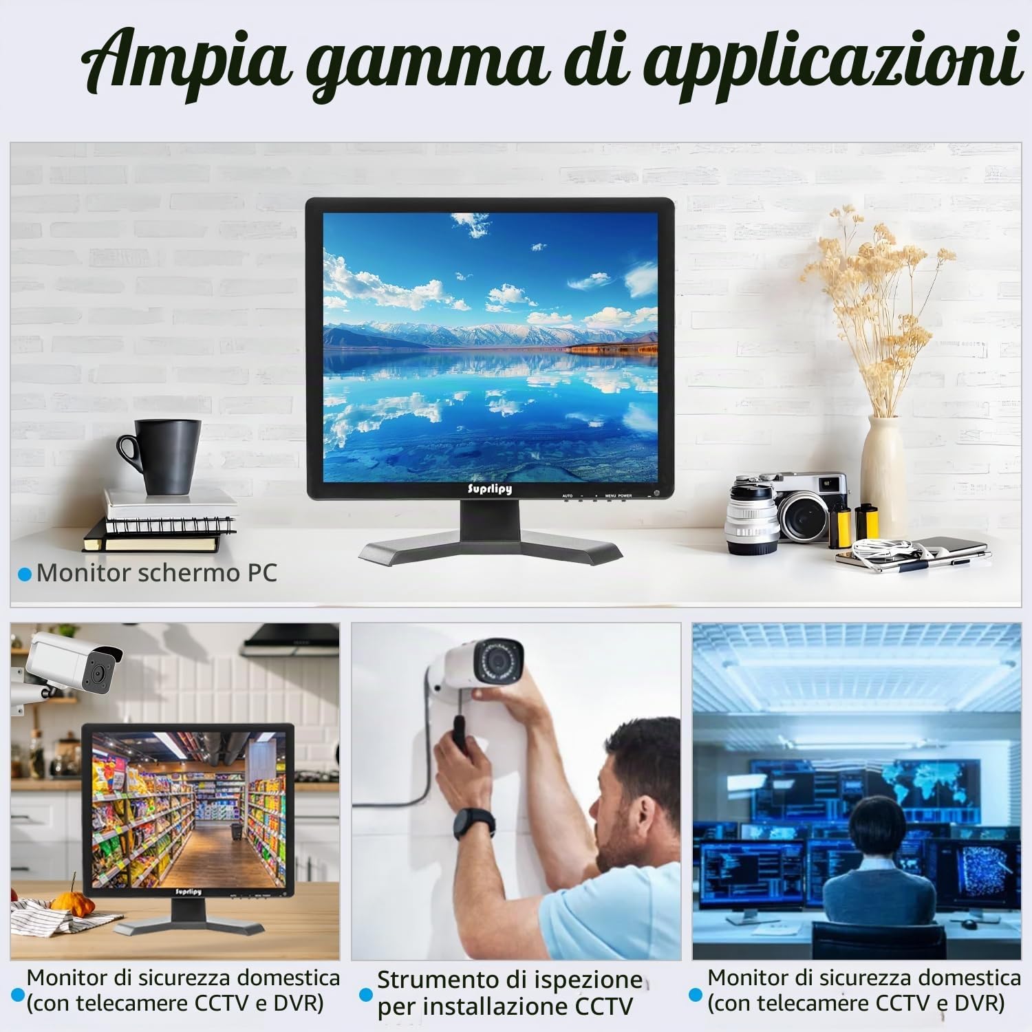 Monitor di sicurezza CCTV TFT LCD da 19 pollici, 1280 x 1024, 4:3, schermo a colori, HDMI, VGA, AV, BNC, ingresso con telecomando, altoparlanti integrati per telecamera di sorveglianza