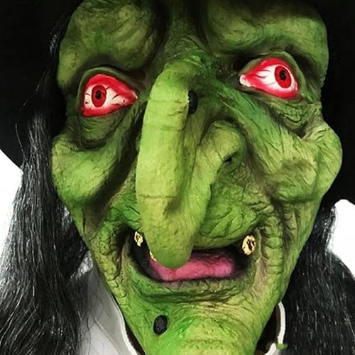 Miniatura 5 de DULRLLY Máscara de anciana aterradora para Halloween, máscara de bruja de látex espeluznante con ojos rojos, máscara de bruja de cabeza completa