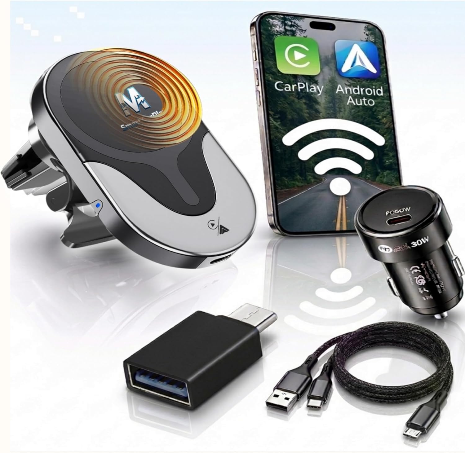 Universal Wireless CarPlay and Android Auto Adapter + 15W Magnetic Fast ...