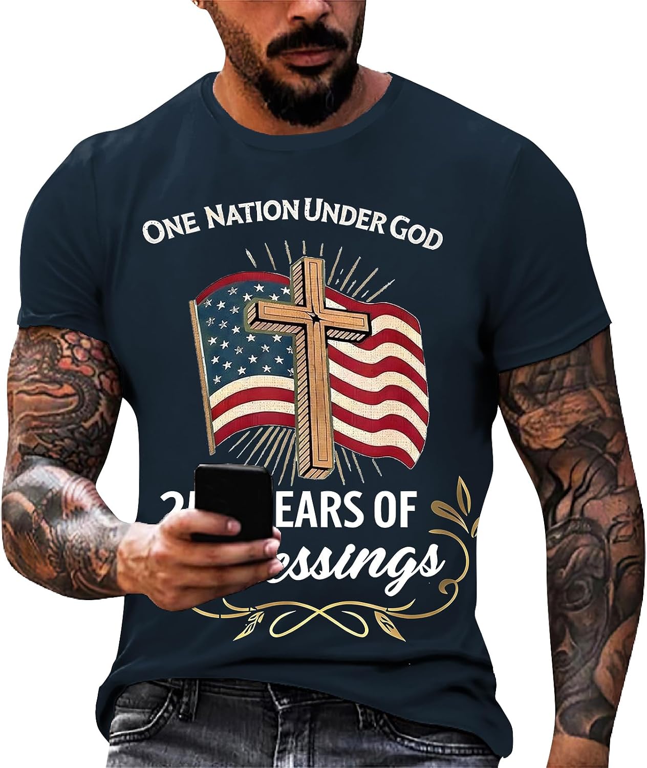 RTRDE Men's T Shirt Short Sleeve American Flag and Cross Print We The People 250 Years Patriotic Tshirt, M-3XL