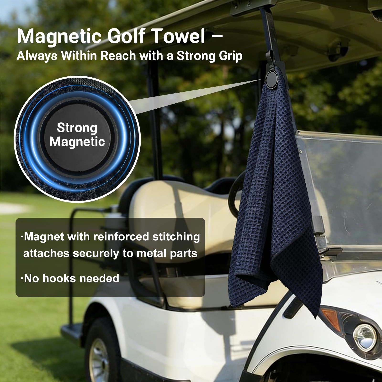 Lot de 3 serviettes de golf magnétiques – Très grande taille en microfibre gaufrée avec clip – Serviette de club de golf ultra absorbante avec aimant puissant pour une tenue solide pour sacs de golf