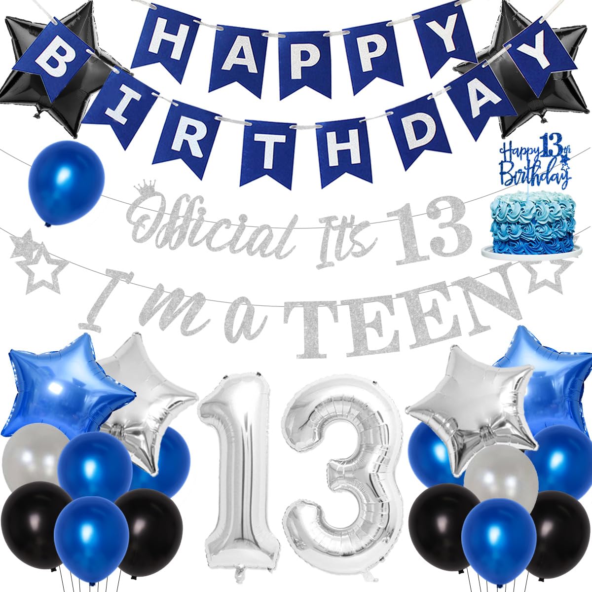 Bannière Anniversaire 13 Ans KOLIPHY - Tissu 150x90cm, Bleu Argenté, Avec Corde 5m
