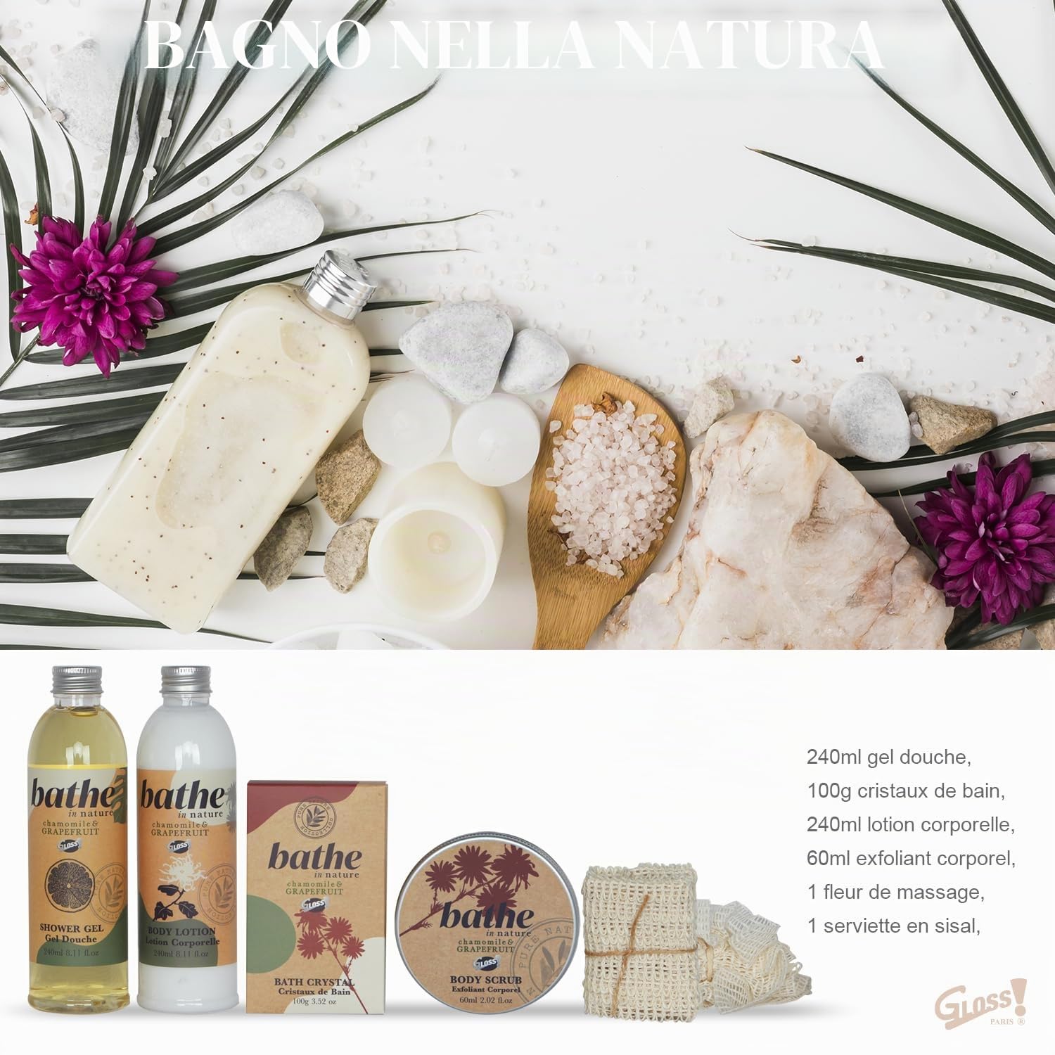 GLOSS ! Cofanetto da bagno BATHE IN NATURE – Cofanetto bellezza – Prodotti benessere – Cofanetto regalo originale, compleanno, Natale, San Valentino, insegnante, festa della mamma - PLATEAU