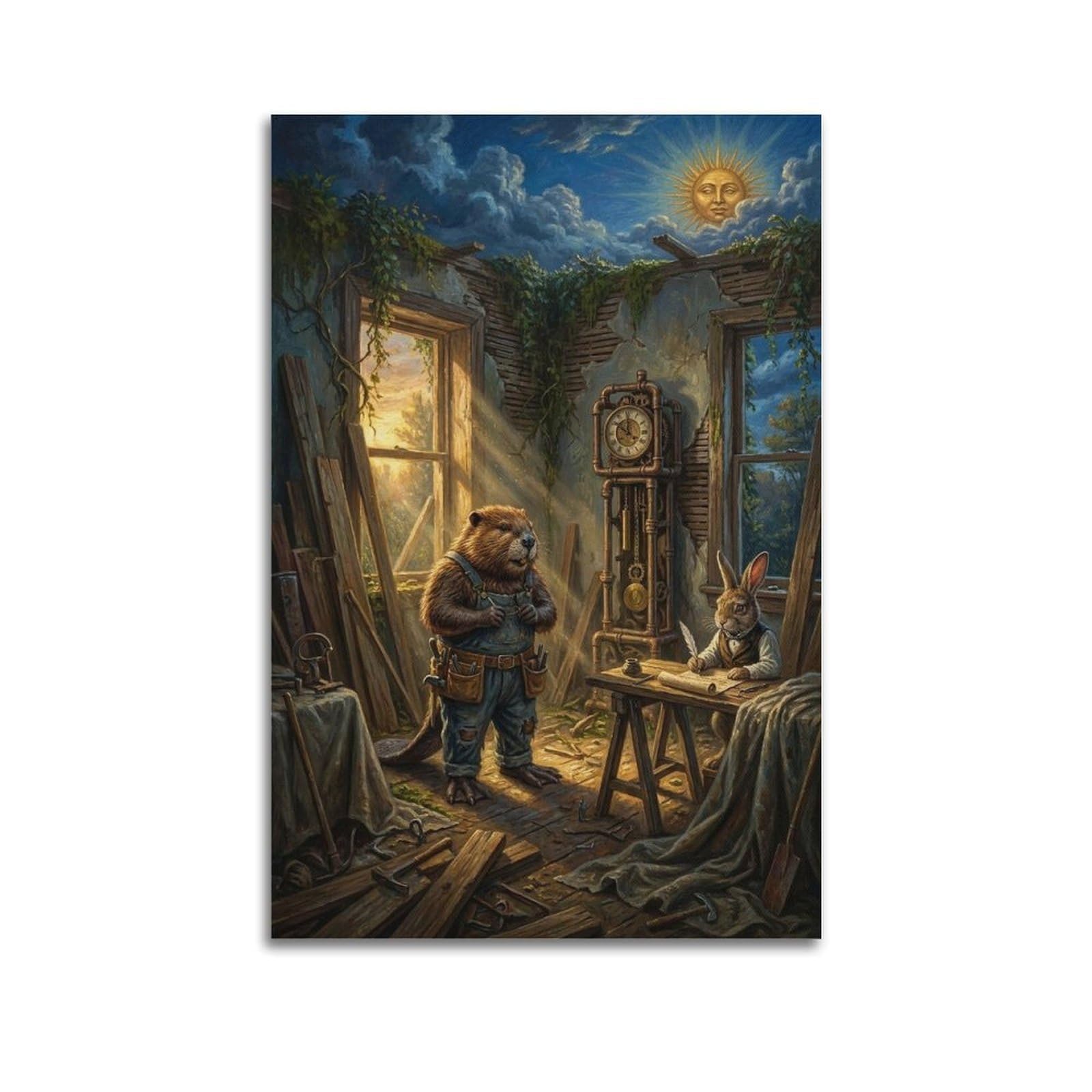 XKUGA Surreal Vintage Animal Poster Beaver Repair Spiral Satire Modern Decorative Canvas Prints - Ideal Wall Art for Family, Man Cave, Game Room, Boys & Girls Bedroom 24x36inch(60x90cm)