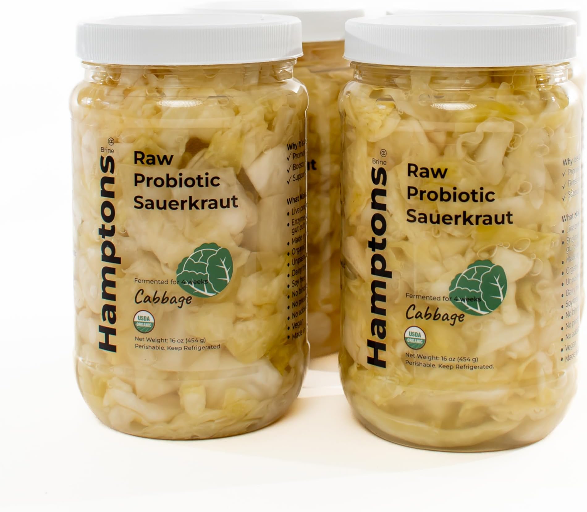 Hamptons Brine Raw Probiotic Sauerkraut made with Cabbage, Himalayan and Kosher Salt - 100% Certified Organic, Rich in Probiotics and Prebiotics - Unpasteurized and Fermented Using Traditional Methods (16 Oz, Pack of 4)
