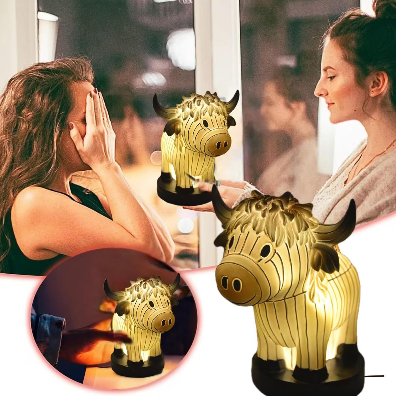 Neioaas Lampa stołowa w kształcie krowy, małe zwierzę, lampka nocna, Highland Cow, lampa stołowa z USB, przenośna lampa stołowa, malowana dekoracja krowy, do salonu, sypialni, lampka nocna, prezent
