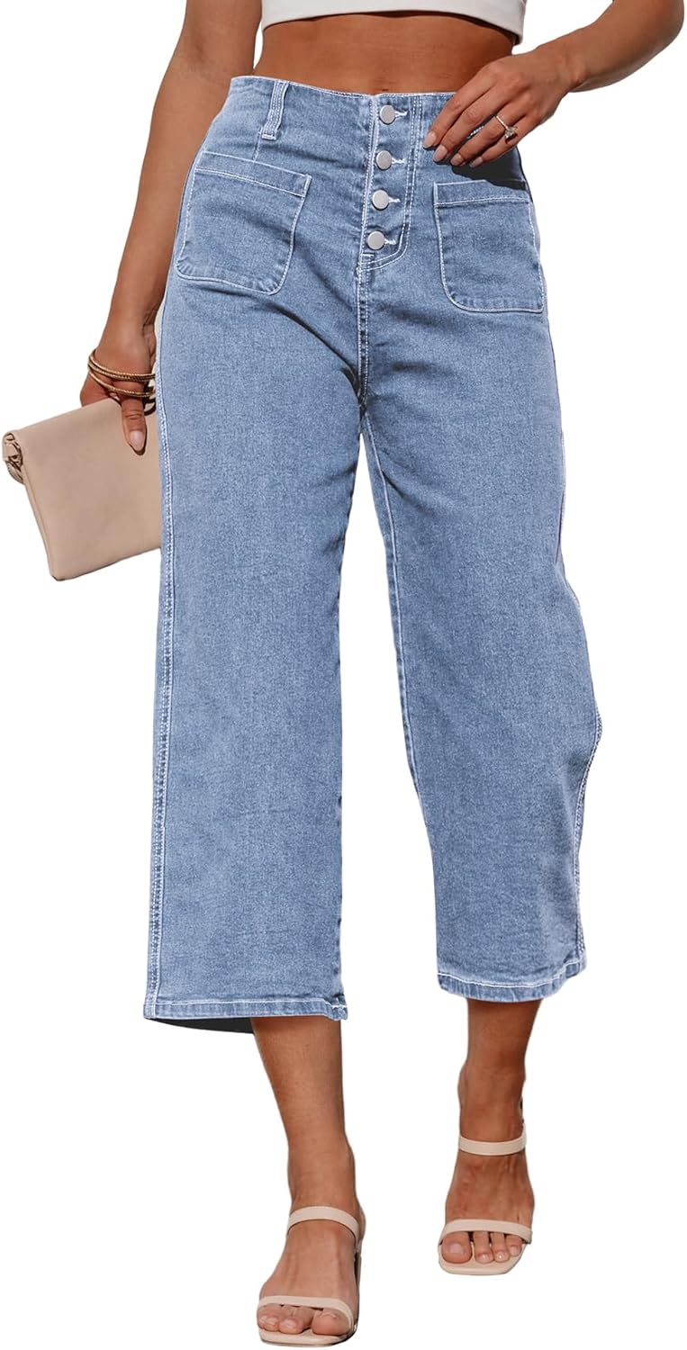 Sidefeel Women's Capri Pants Trendy Wide Leg Jeans High Waisted Stretchy Loose Cropped Denim Pants
