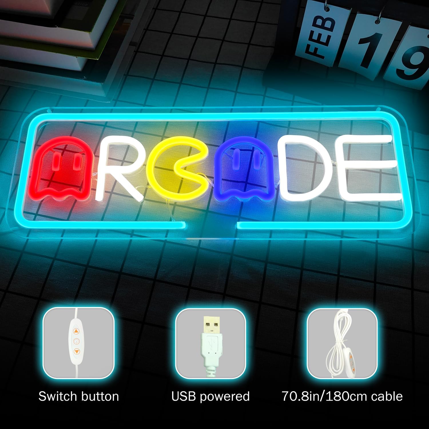 Arcade Neon Sign Gaming Neon Signs for Wall Decor Ghost Game Neon Lights LED Light Up Signs for Gaming Room Man Cave Bedroom Neon Wall Light Gift for Arcade Gamer Teens