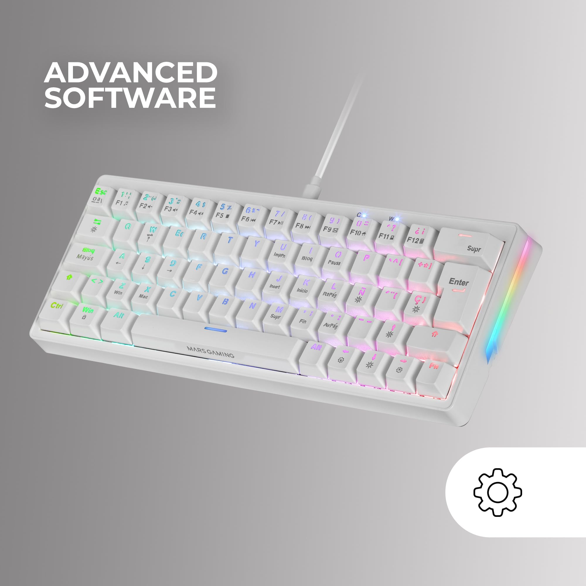 Mars Gaming MKMINIPRO, Espagnol, Clavier mécanique Ultra-Compact 60%, commutateurs mécaniques Hot-Swappable, éclairage RGB Chrome, Clavier Gaming Antighosting, Multiplateforme, Switch Marron, Blanc