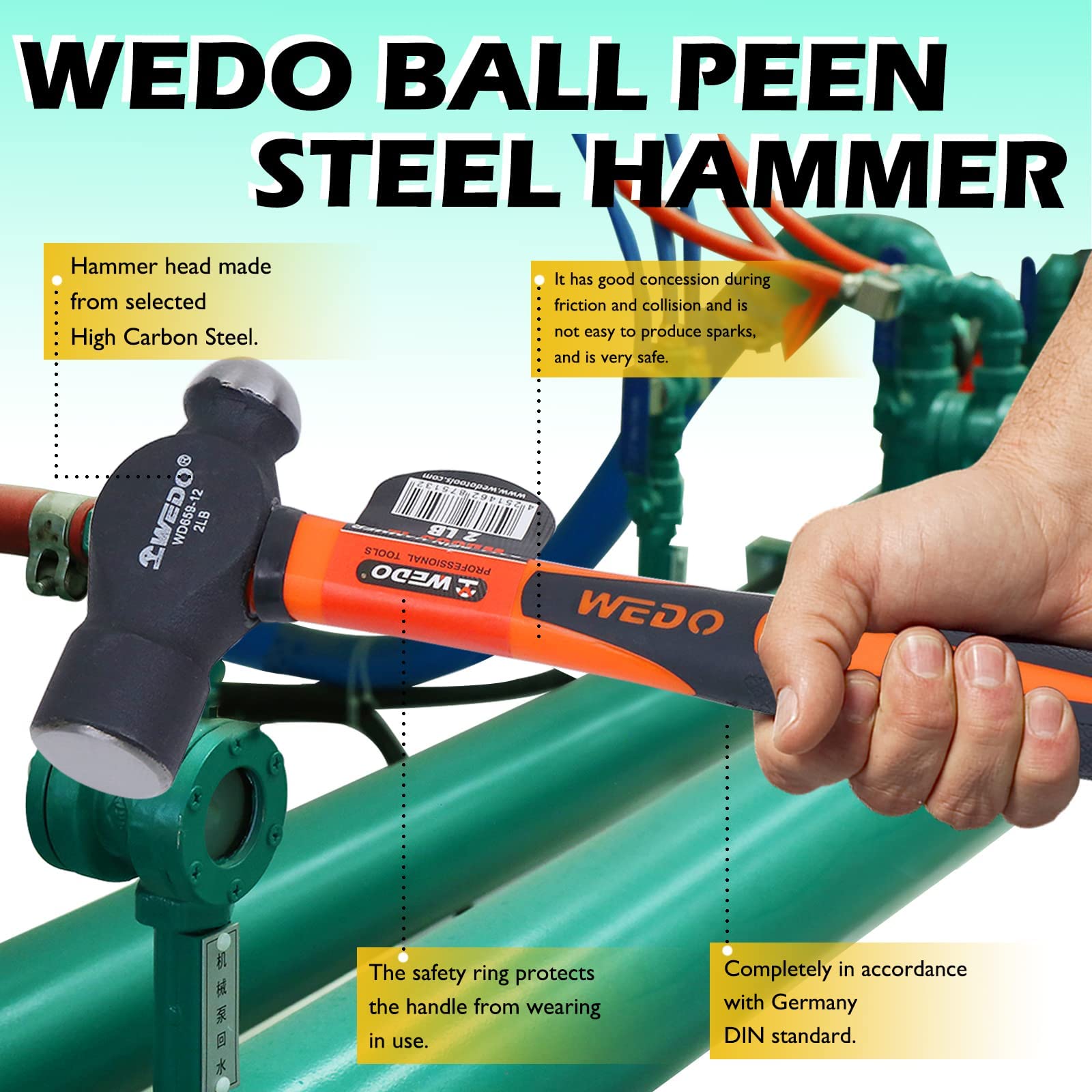 WEDO Martello a sfera 1350 g, con manico in fibra di vetro, manico antiscivolo, acciaio al carbonio, lunghezza 340 mm